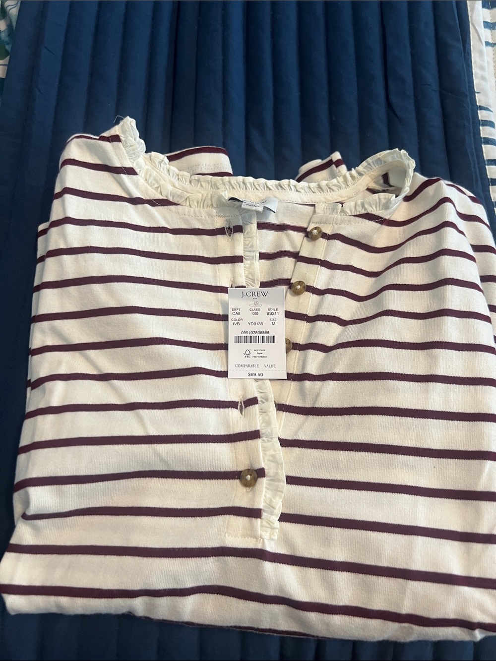 J. Crew Factory Cream Henley Top with Burgundy Stripes